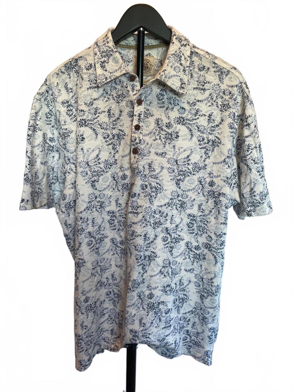 Pusser's West Indies Blue White Floral Polo Shirt Men's Large 100% Cotton